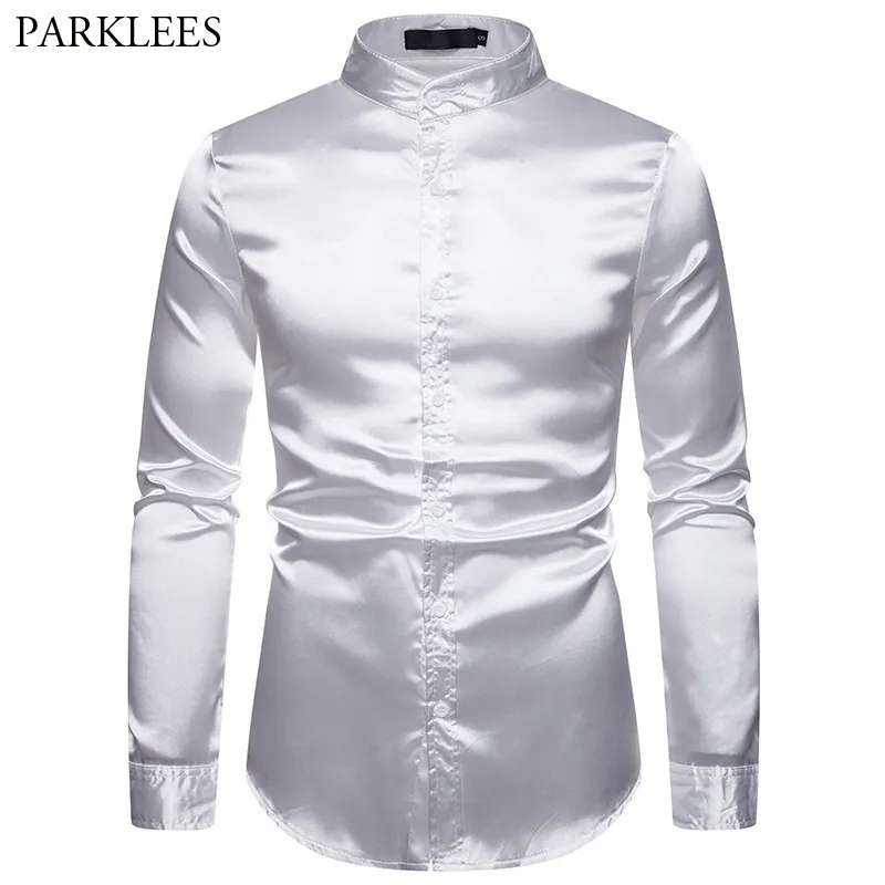 Mens Carrinho Collar Silk Silk Camisa de Vestido de Luxo Autumn Regular Fit Manga Longa 70s Dança Do Prom Chemise Branco 210522