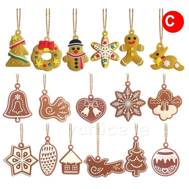 Xmas Tree Hängsmycke PVC Juldekorationer Gingerbread Man Snowflake Små Pendants Holiday Decoration Props Ornaments T9I001601