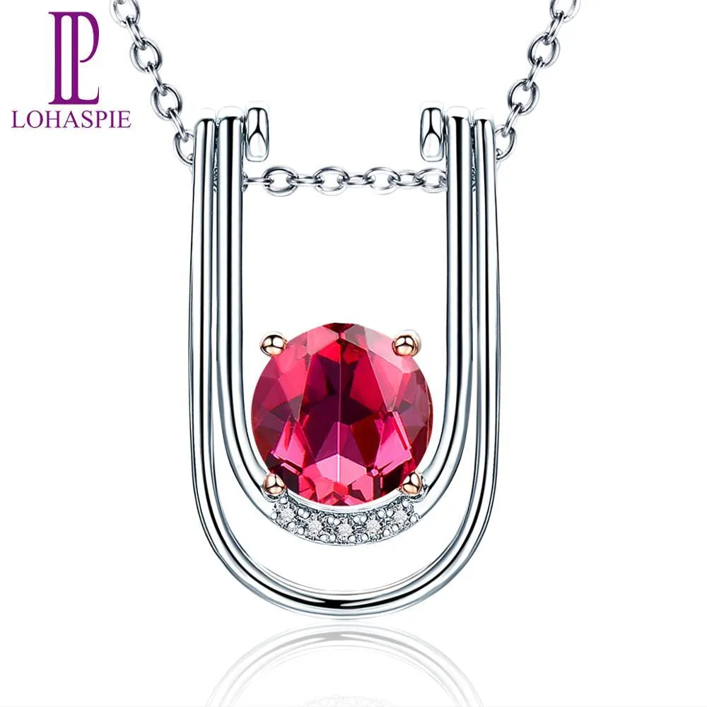 Lp skräddarsydda pendant smycken solid 18k vit ros guld naturlig rubelit diamant över form halsalce för kvinnor
