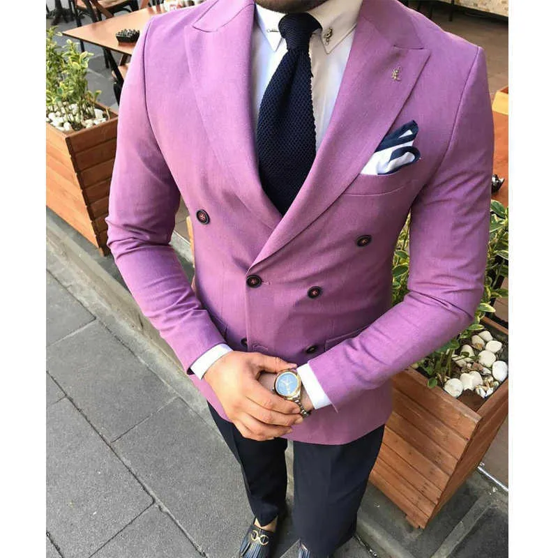 Slim fit Purple Men Suits with Double Breased 2 piece Wedding Tuxedo for Groom Custom Man Fashion Set Jacket with Black Pants X0909