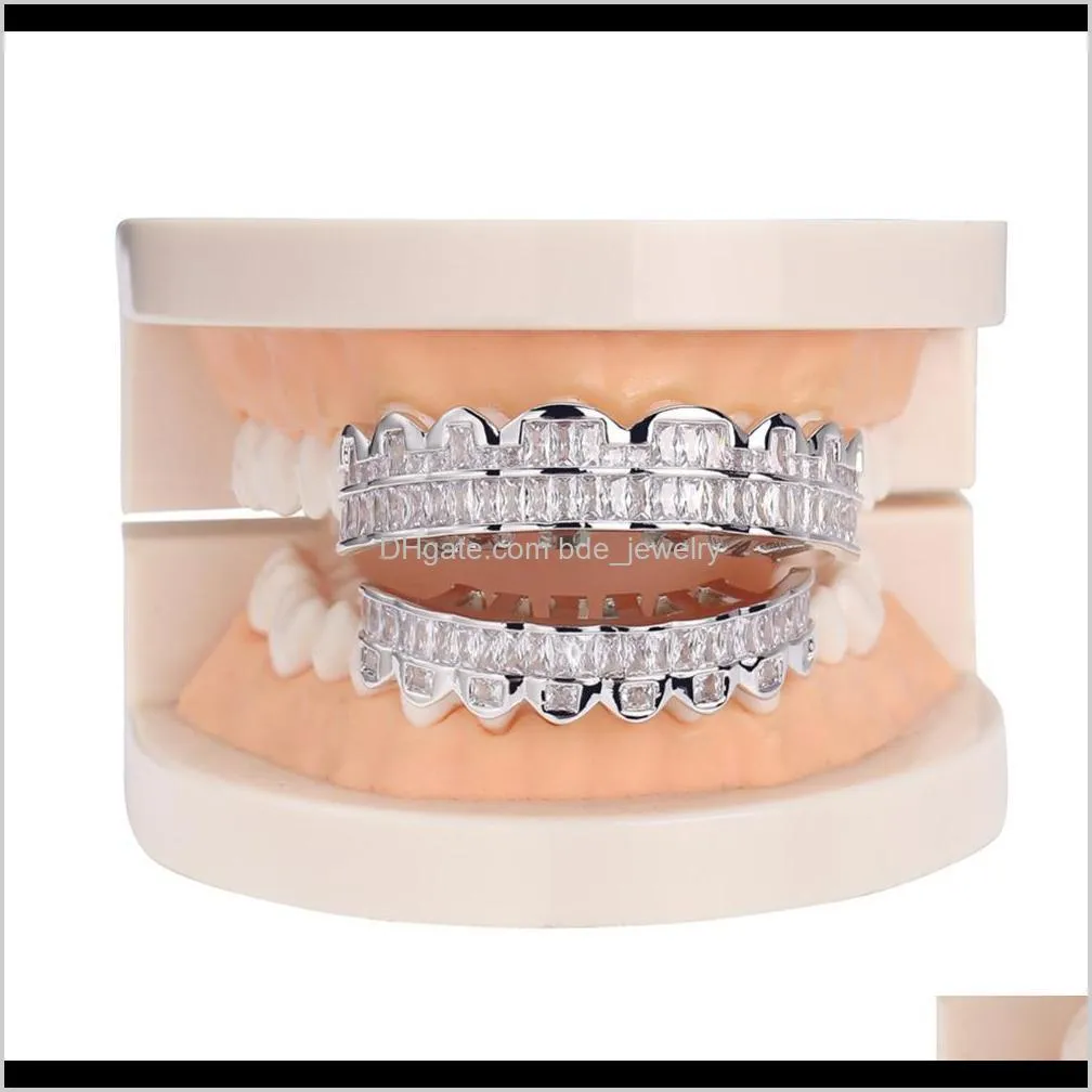 new plated hip hop teeth grillz top & bottom grills set with silicone real shiny grill sets bling a+++ cubic zircon