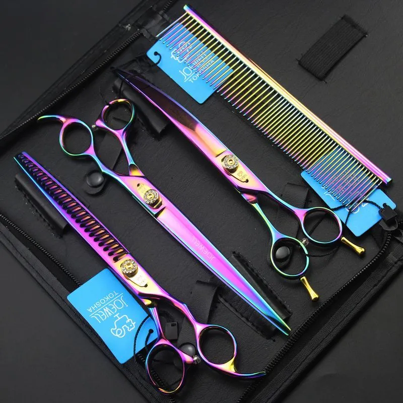 JOEWELL – kit de ciseaux pour couper/amincir les cheveux arc-en-ciel, 8.0 pouces, avec étui en cuir, ensemble professionnel de cisaillement de beauté pour poils d'animaux