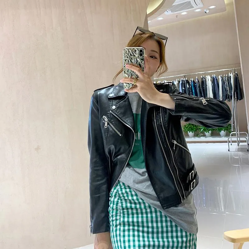 Damska Skóra Faux Jesień Kobiety Czarna Krótka Kurtka Pu Lapel Z Długim Rękawem Motocykl Motocykl Biker Kobieta Streetwear Casual Abrigo Mujer