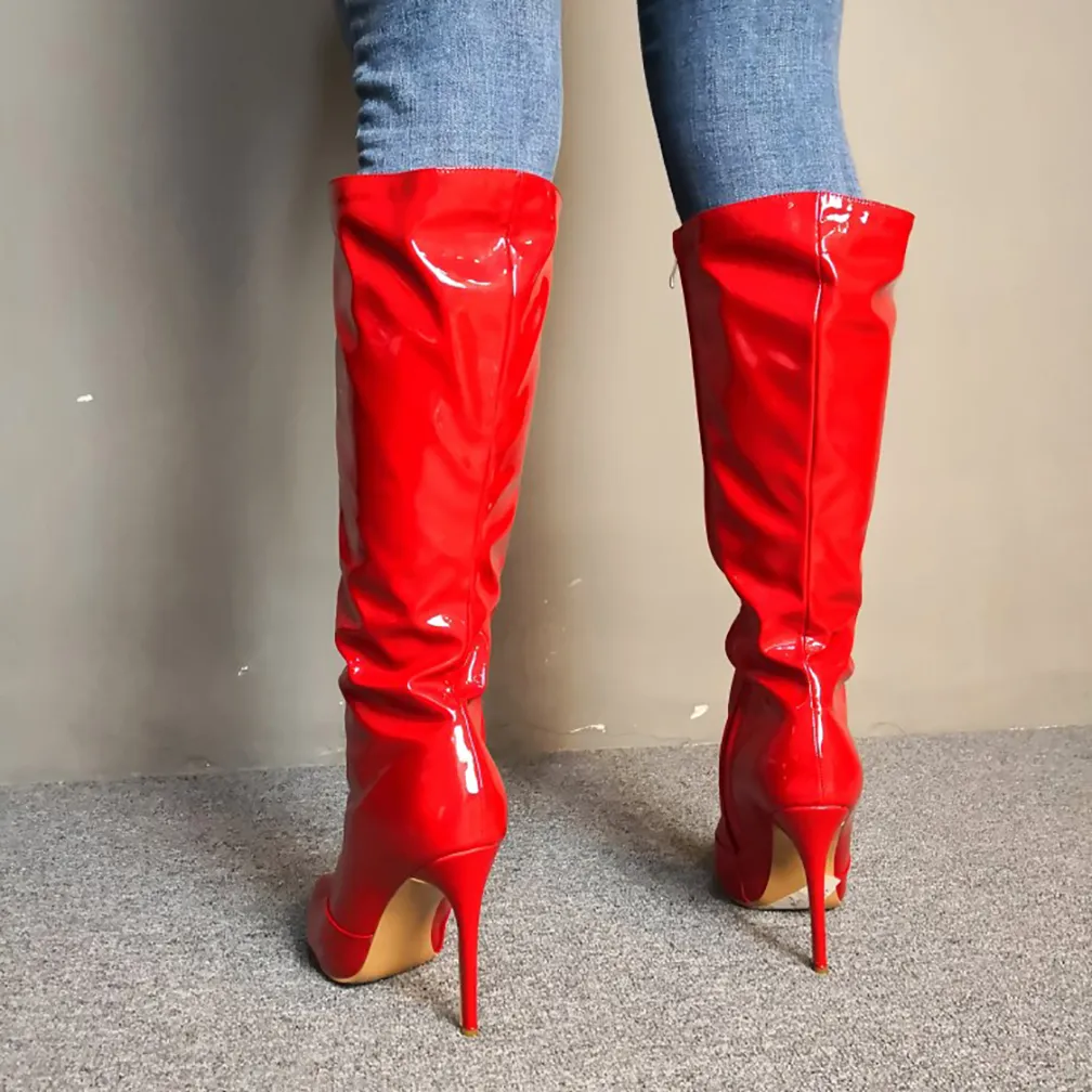 Womens Handmade Real Photos High Heel Boots Red Patent Leather Pointed-toe Knee-high Booties Evening Party Prom Fashion Winter Shoes D527
