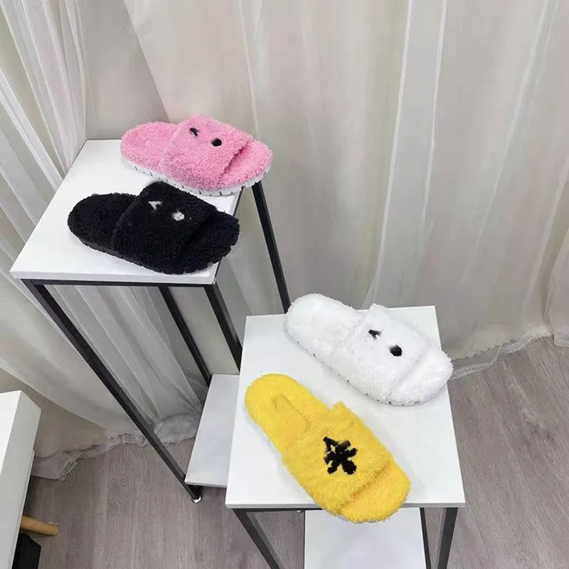 Candy colored women winter slippers fashion towel embroidered fabric plush flat heel warm open toe ladies home slides shoes with box