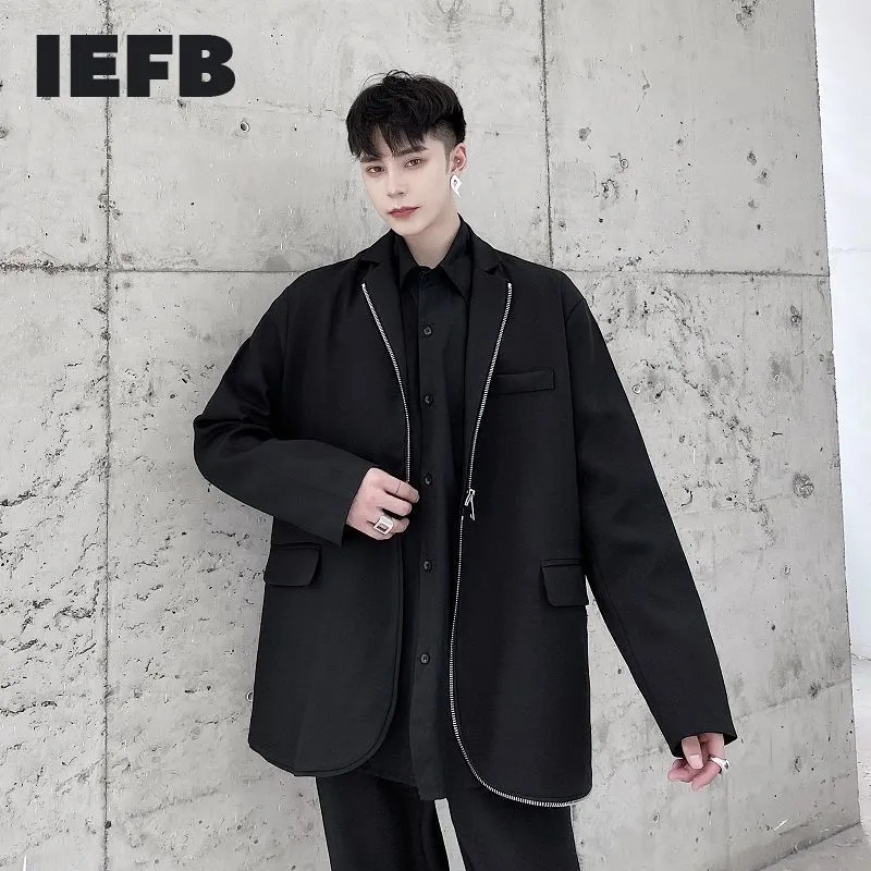IEFB 봄 가을 남성 디자인 지퍼 블랙 슬림 정장 코트 느슨한 빈티지 긴 소매 블레이저 칼라 칼라를 켜십시오.