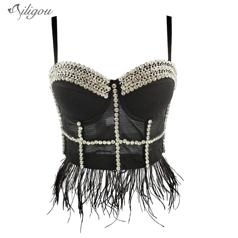 Sexy Projektant Crystal Diamond Mesh Black and White Feather Cotton Camisole Top Lato Damskie Modne Krótki 210525