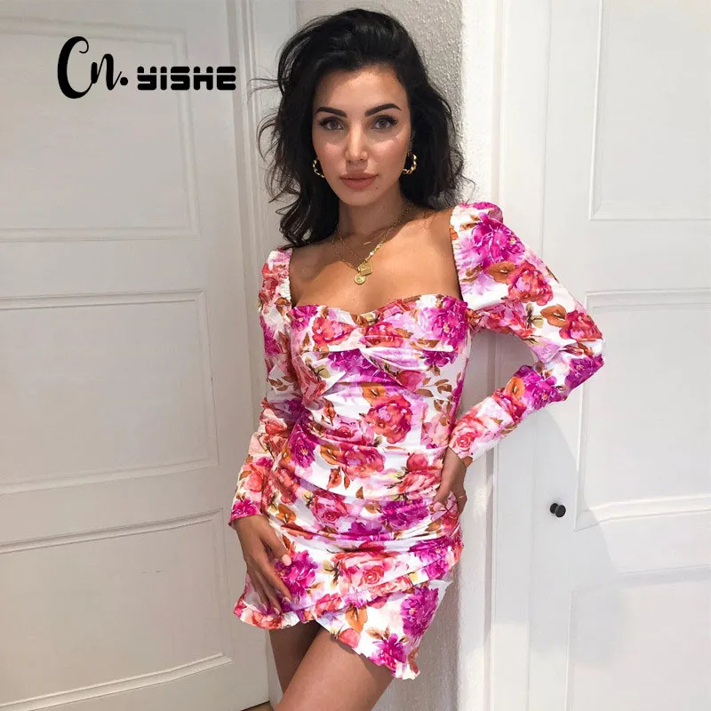 CNYISHE Fall Long Sleeve Floral Print Ruched Ruffle Dress Women Party Cute Outfits Female Streetwear Boho Mini Dresses Vestidos 210419