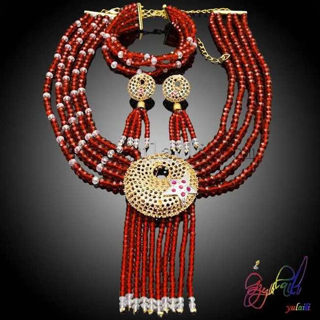 Kolczyki Naszyjnik Zestawy Biżuterii Bridal Nigerii Wedding African Koraliki Zestaw Crystal Gold Color Accessory