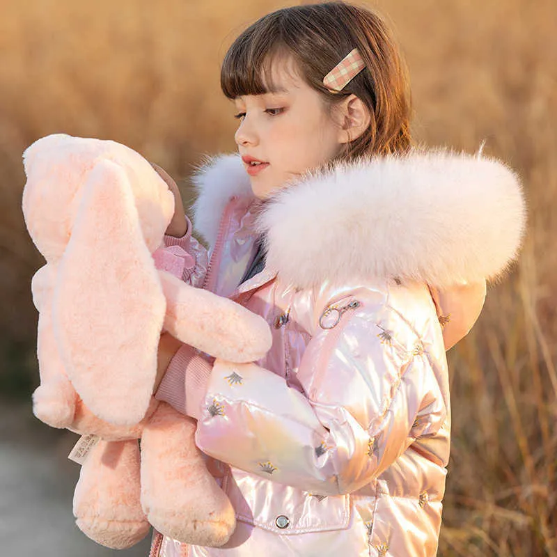 -30 derece Rusya Kış Kalın Aşağı Ceket Kızlar için Parkas Kapüşonlu Gerçek Rakun Kürk Yaka Kar Giyim Çocuk Aşağı Ceket TZ822 H0909
