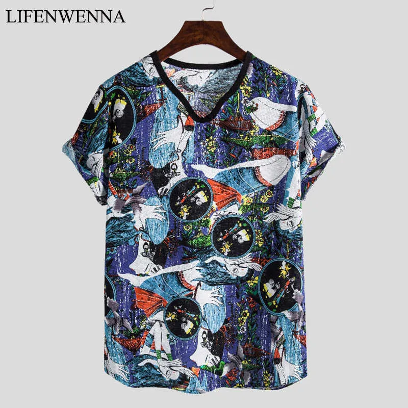 Camiseta de lino para hombre, camisetas de manga corta con estampado de moda de verano para hombre, camiseta informal para hombre de Hawaii Beach, camiseta de talla grande con cuello en V, camisetas 5XL 210528