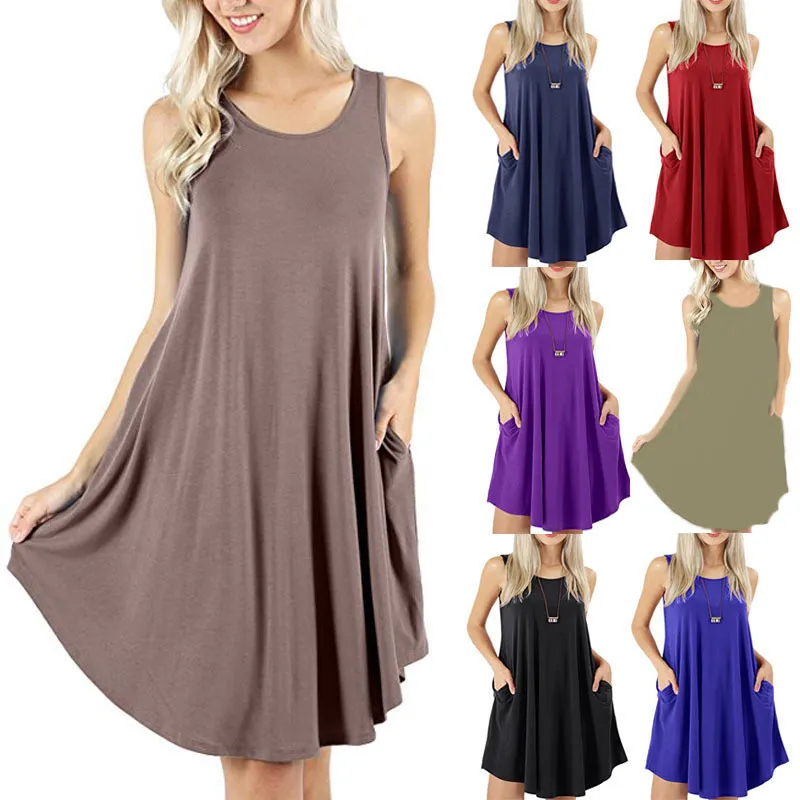 Casual Loose Ärmlös Solid Färg O-Neck Mini Dress Fashion Pocket Kvinnor Sommartank Klänning Kvinna Beach A-Line Dress Vestidos X0521