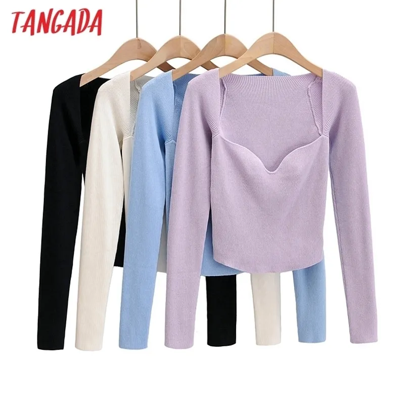 Tangada outono mulheres sólidas suéter fino manga longa elegante escritório senhora de malha jumper tops 4p2 211011