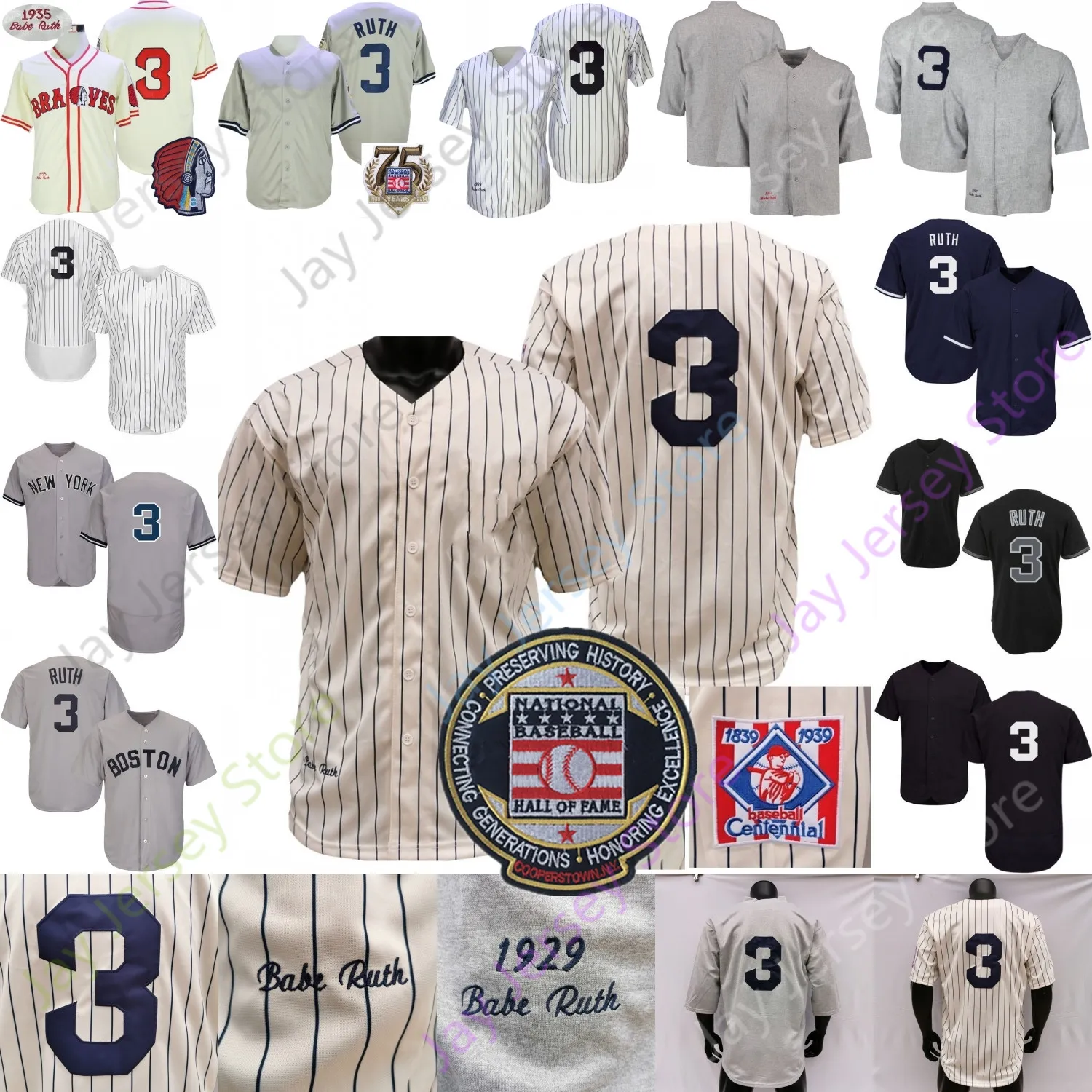 Koszulki bejsbolowe Babe Ruth Jersey Retro Vintage 1914 1929 Szary prążkowany Cooperstown 1935 Kremowy prążkowany Hall of Fame 75th Grey Navy Women