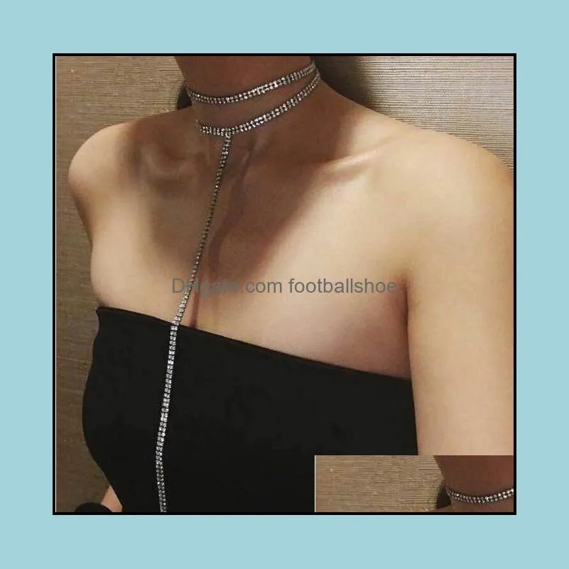 Chokers Kettingen Hangers Sieraden Vrouwen Sexy Lange Rhinestone Choker Ketting Dubbele Strand Gelaagde Rhinestones Crystal QD Drop Levering 2