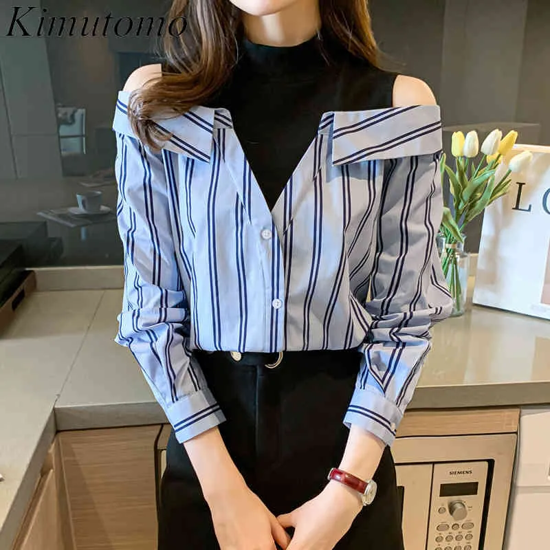 KIMUTOMO Mode Gestreept Off Shoulder Blouse Dames Lente Korea Stijl Dames Fake Twee Stuk Half Turtleneck Shirt 210521