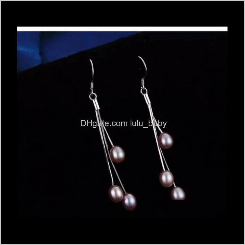 a pairs of 7-8mm water droplets shape purple nature pearl earring 925 silver