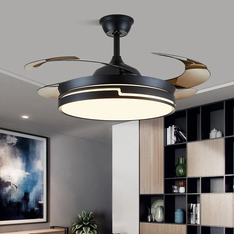 Fãs de teto Modern Black White Led Fan Living Dining Room Decor com lustre de folha invisível interior interior