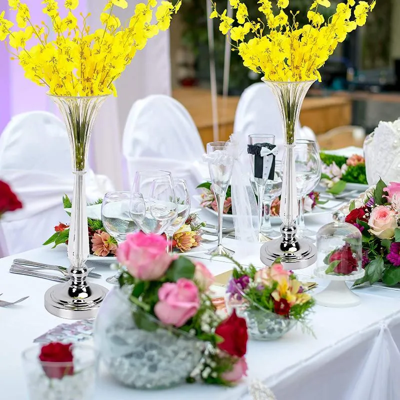 Rensa lång blommig containercentral, elegant glas ljushållare stativ blomma arrangemang vas för bröllop vaser