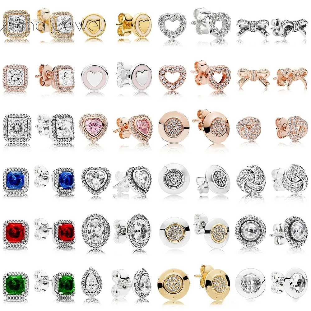 2019 NEW 100% 925 Sterling Silver Earrings Signature Bow Square Drill Love Heart Ear Studs Charm Pandora Beads Fit Original DIY Dangler gift Valentine