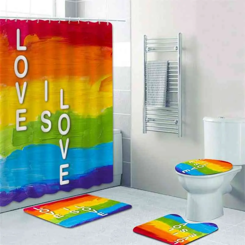 Arc-en-ciel fierté Gay drapeau rideau de douche tapis de bain ensemble de salle de bain tapis de toilette tapis de sol lesbien paix LGBT décor à la maison 210915