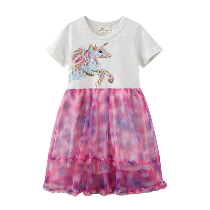 Jumping Miers Letnie Party Tutu Girls Sukienki Unicorn Frezowanie Sellin Baby Bawełniane Ubrania Księżniczka Dzieci Dress 210529