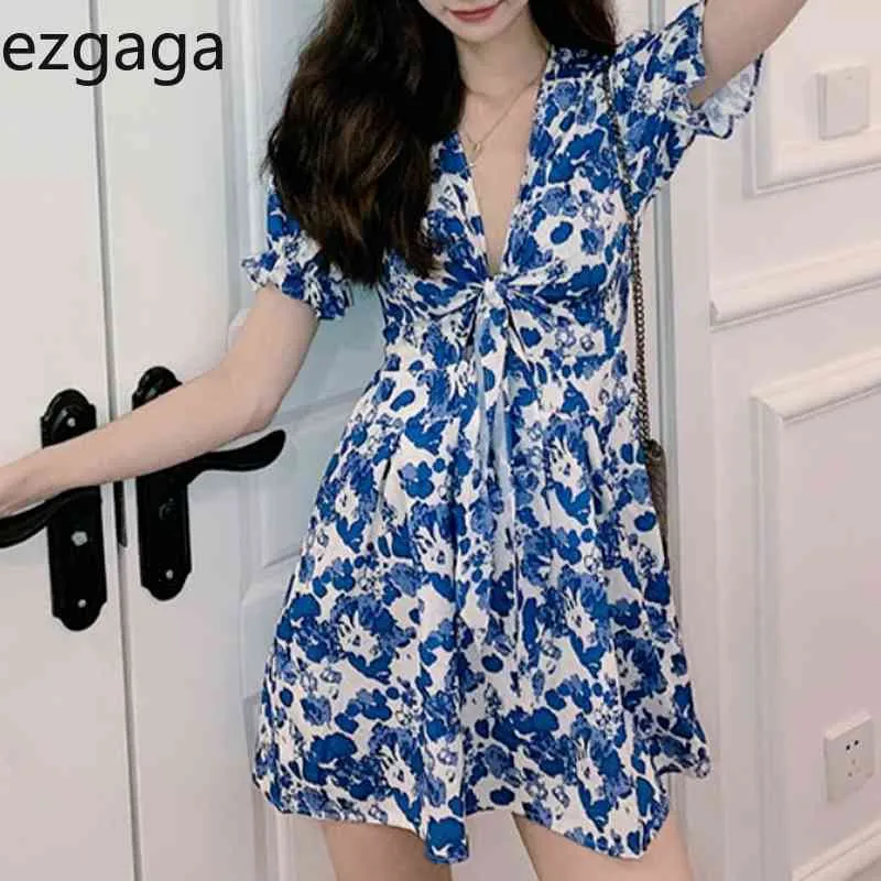 Ezgaga Blumenkleid Frauen Bandage Hollow Out Kurzarm Hohe Taille A-Linie Sommer V-Ausschnitt Koreanisches Elegantes, figurbetontes Kleid Sexy 210430
