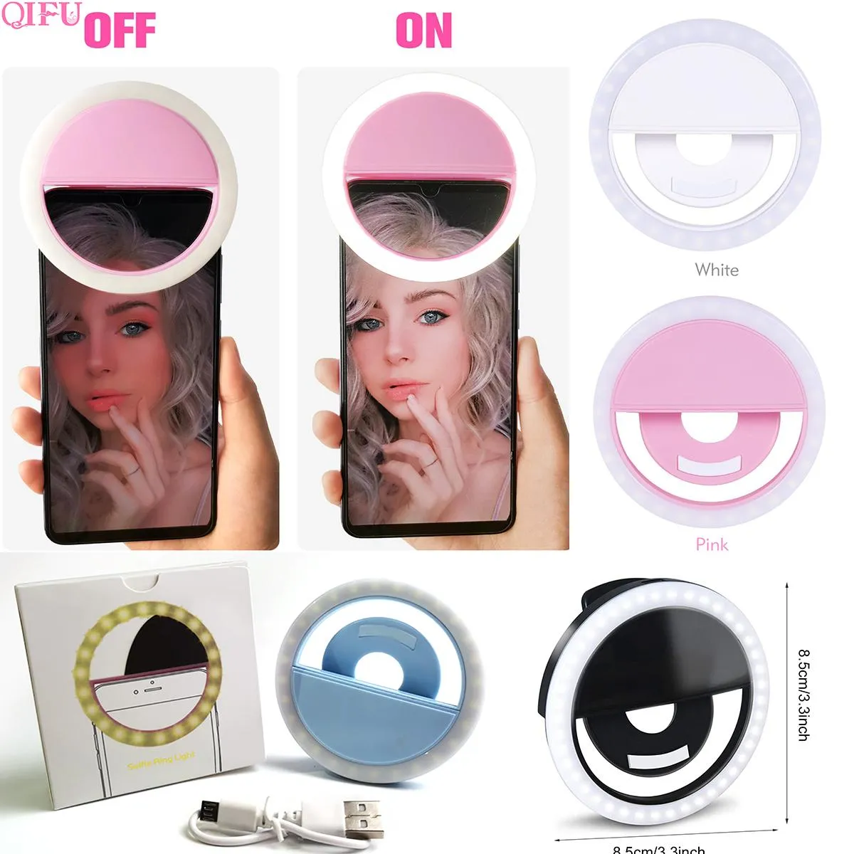 RK12 Rechargeable Selfie Ring Light avec caméra LED Photographie Flash Light Up Selfie Anneau lumineux avec câble USB Universel pour tous les téléphones