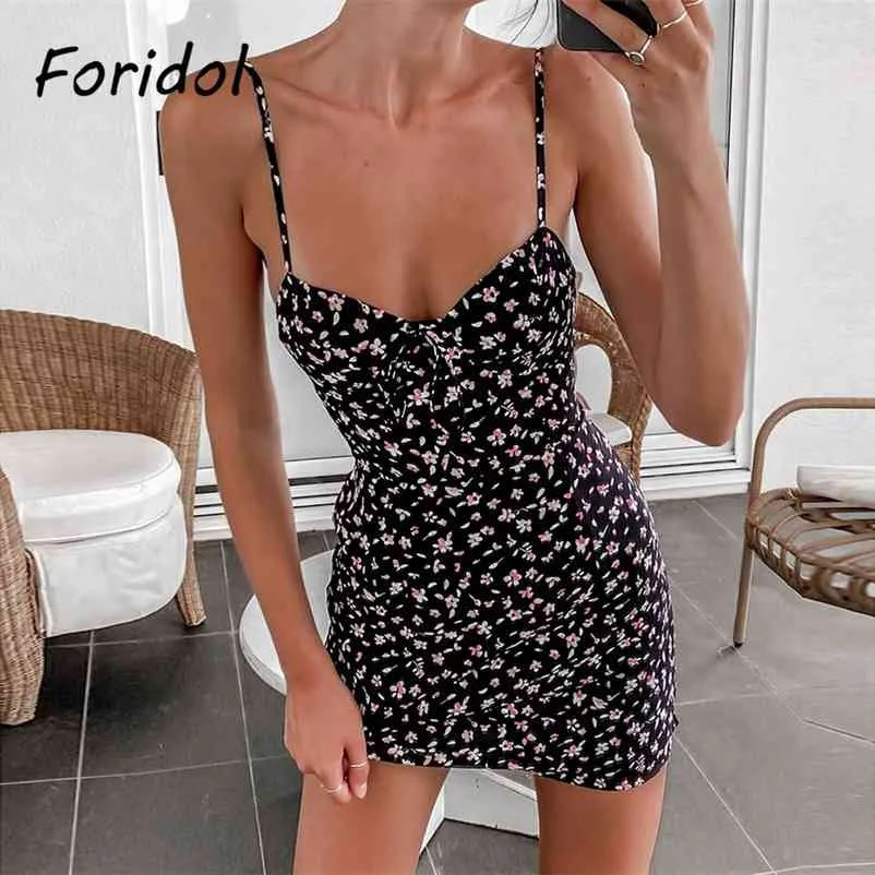 Foridol v neck blommig boho strand klänning kvinnor spaghetti strap sommar sol klänning damer casual mini dress vestidos defesta 210415