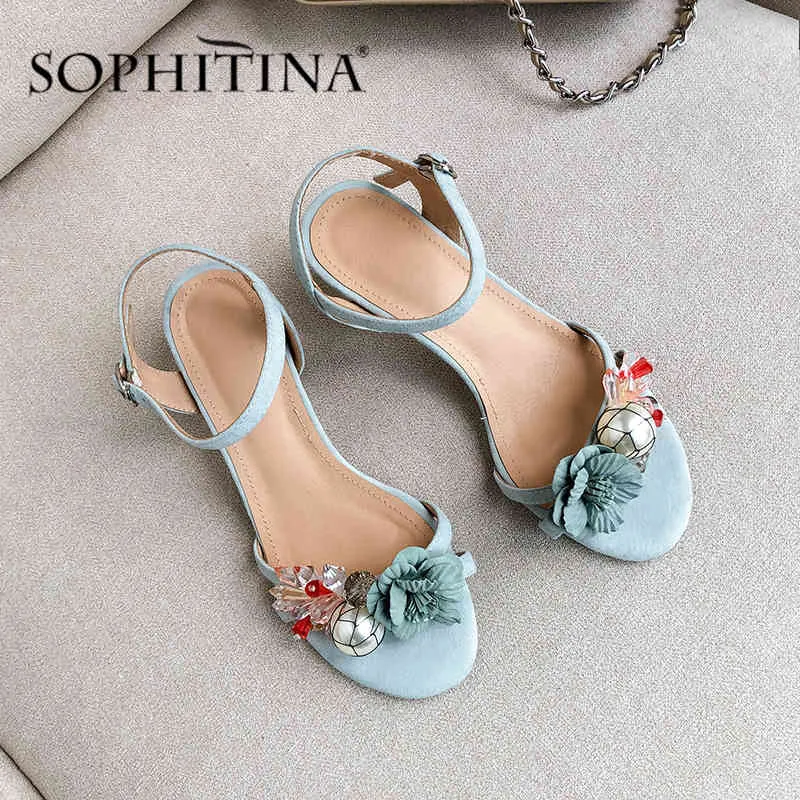 Sophitina elegante sandálias mulheres de alta qualidade criança camurça moda flor decoração sapatos artesanais de cristal de cristal sandálias PO548 210513