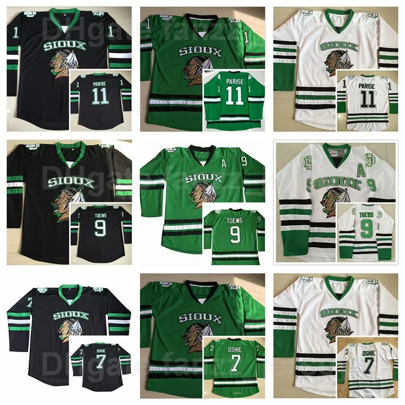 College North Dakota Fighting Sioux 저지 아이스하키 9 Jonathan Toews 11 Zach Parise 7 TJ Oshie 그린 블랙 화이트 팀 컬러 스티치