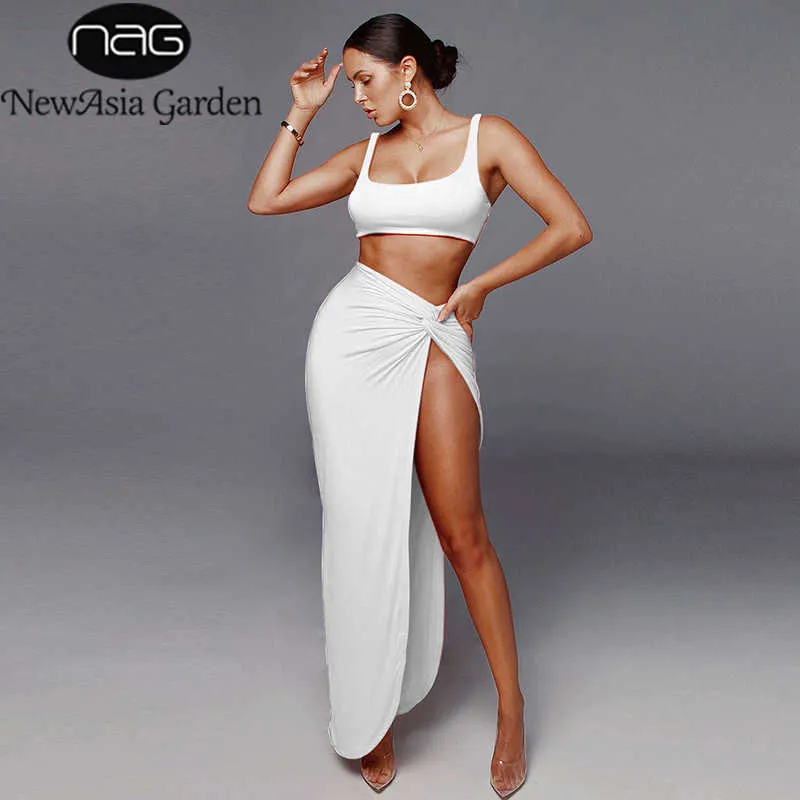 Azië Wit Crop Top Twee Stuk Set Vrouwen Sexy Backless Hoge Taille Twist Side Split Bodycon Rokken 2 Stuk Zomer Kleding 210708