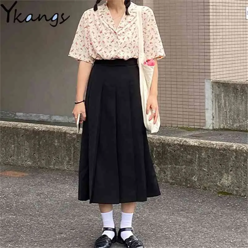 Японский стиль длинные плиссированные юбка женская высокая талия твердой JK весенний лето черный военно-морской флот студент девушки MIDI SAIA 210421