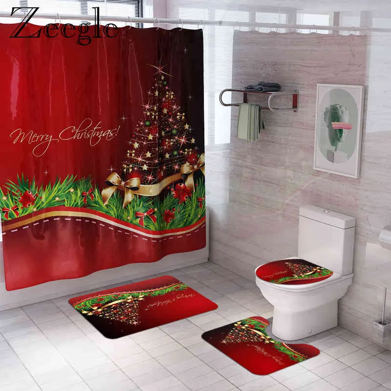 Zeegle Christmas Bath Mat and Shower Curtain Set Anti-Slip Shower Floor Mat Absorbent Toilet Rug Foot Mat Washable Bath Mat Set