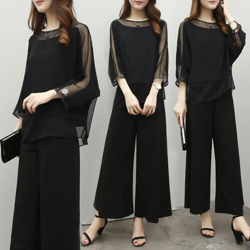Maxi Set Wide Leg Pant Suits For Mother Of Bride Solid Black Color