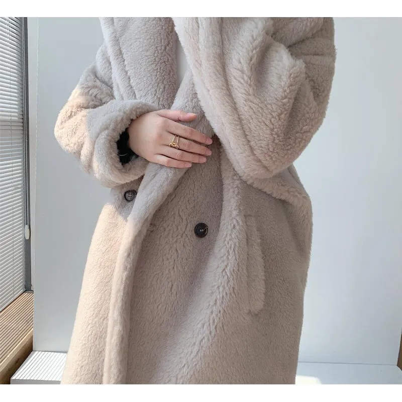 Women's Wool & Blends Coat Teddy Bear Fur Women Alpaca Loose Coats Winter Warm Thicken Classic Red Cashmere