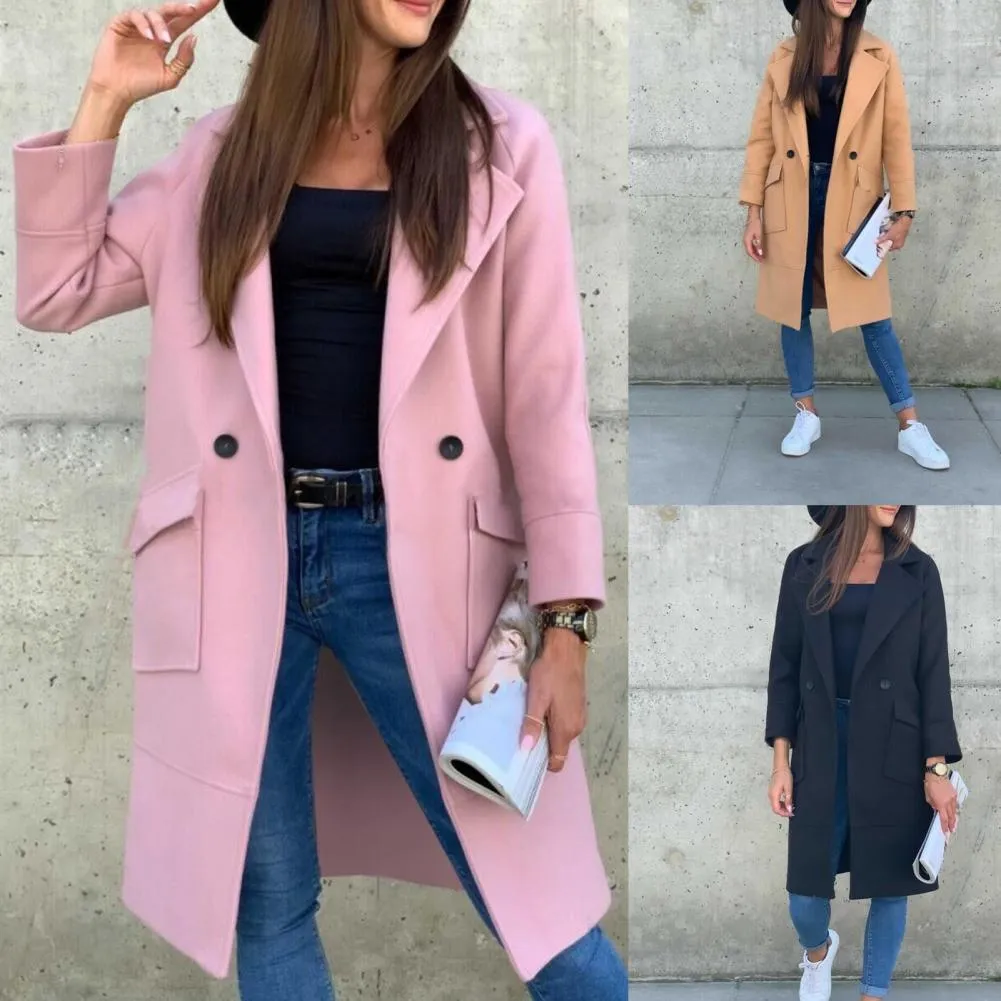 Manteau en laine pour femme, couleur unie, veste à col à revers, longueur aux genoux, manteaux en mélange de laine, automne et hiver