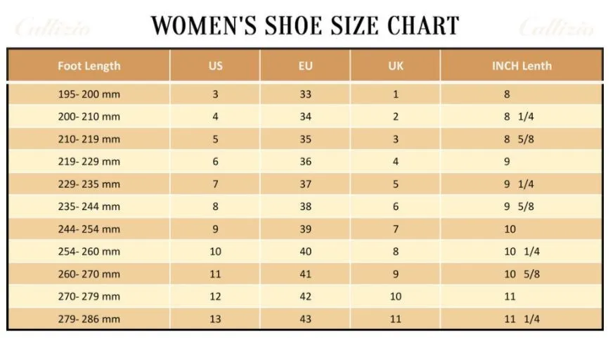 Size Chart Women Shoes