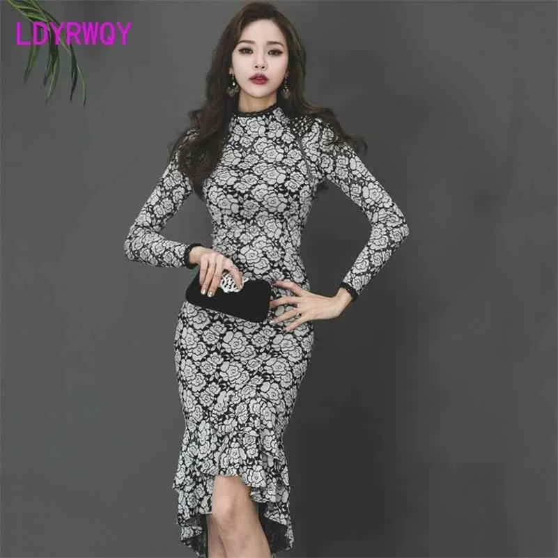 Autumn and winter Korean retro fashion temperament ladies lace bottom fishtail dress Knee-Length Zippers 210416