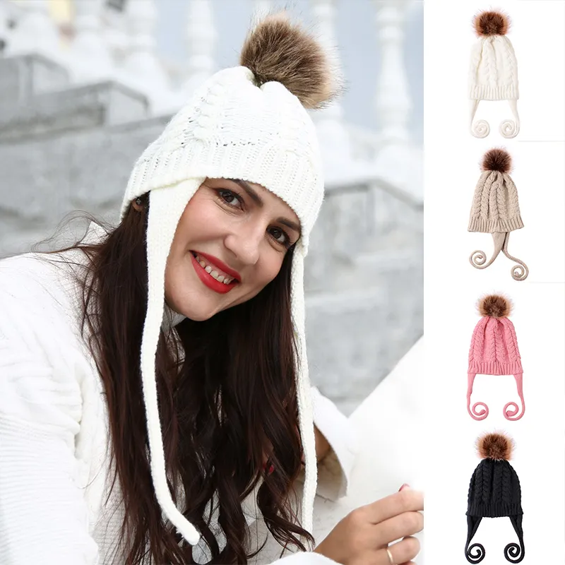 귀여운 pompom 여성 니트 비니 모자 겨울 귀 따뜻한 솔리드 컬러 보닛 모자 여성 여자 트위스트 크로 셰 뜨개질 야외 스키 ski