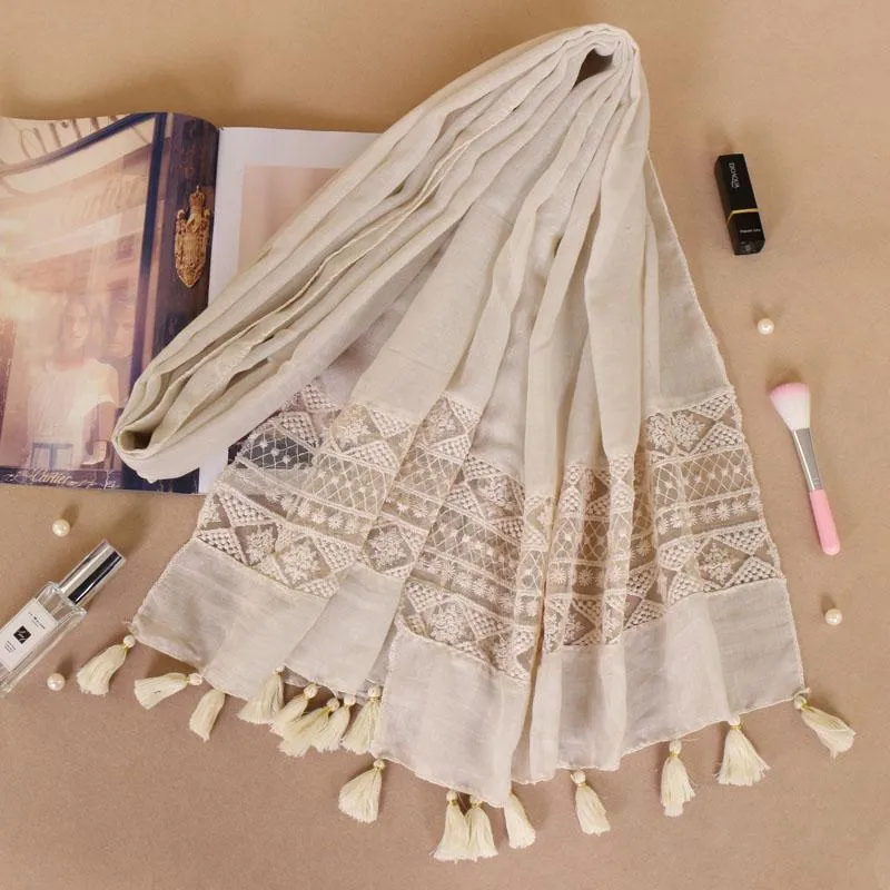 Scarves Selling Tassel Cotton Hijab Scarf Women Solid Color Lace Shawl Wrap Large Size Pashmina Stole Muslim Female Bufanda