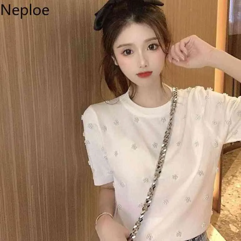 NAPOE Bayan Giyim Yaz Yeni Boncuk Gevşek Kısa Kollu T Gömlek Kore Basit O Boyun Slim Fit Zarif Moda Örme Tops 210422
