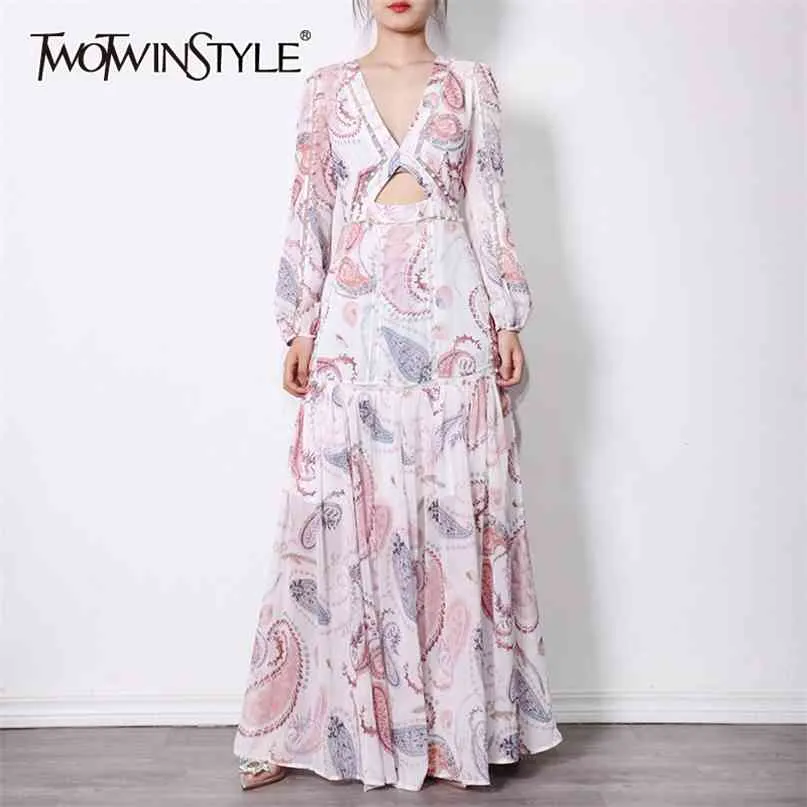 Imprimer évider robe pour femmes col en V lanterne à manches longues taille haute froncé mince Maxi robes femme mode 210520