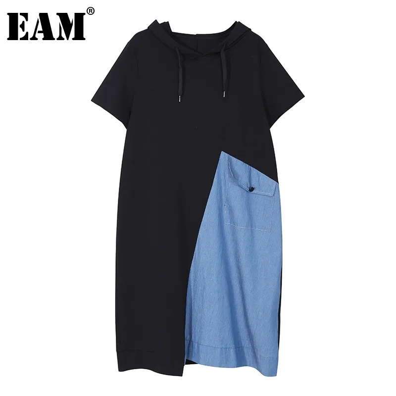 [EAM] Dames Blauw Spliced ​​Denim Pocket Casual Jurk Hooded Korte Mouw Losse Fit Mode Lente Zomer 1DD7381 210512