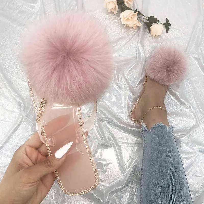 Flip Flops Fox Pom Pon Fur Women's Slippers Crystal Slides Ladies Jelly Sandals Beach Female With Fur Rhinestones Shoes 2021 Y1206