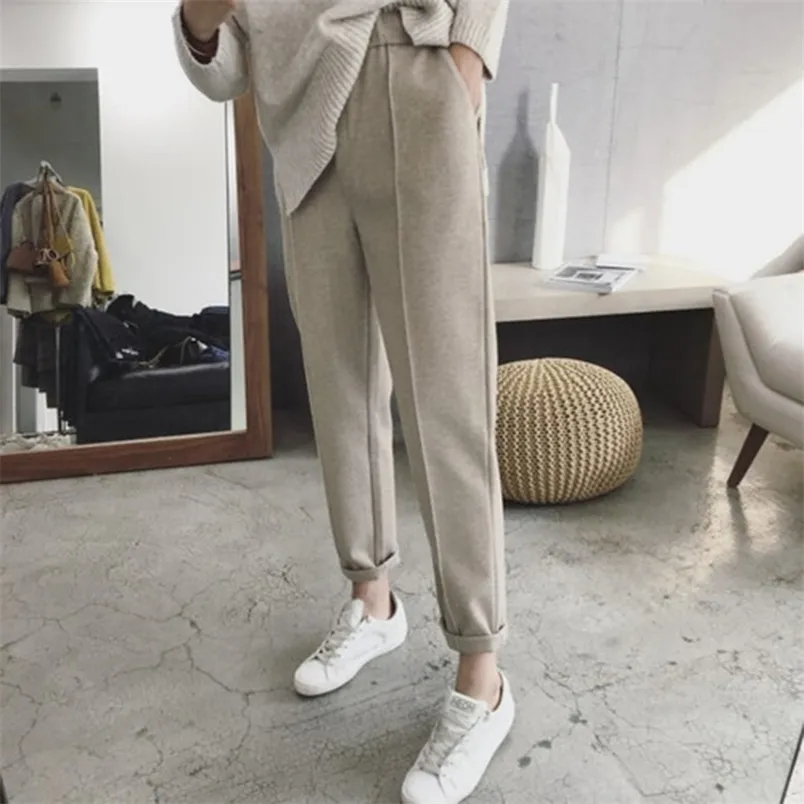 Autumn Winter Korea Fashion Women Woolen Harem Pants All-matched Casual Elastic Waist Loose Female Trousers Plus Size S148 210512