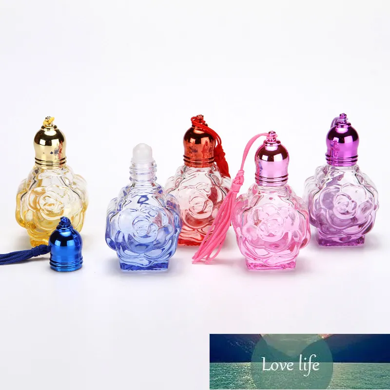10pcs 10ml Rose Shaped Colorful Essential Oil Perfume Thick Glass Roller Bottles Travel Refillable Rollerball Bottle