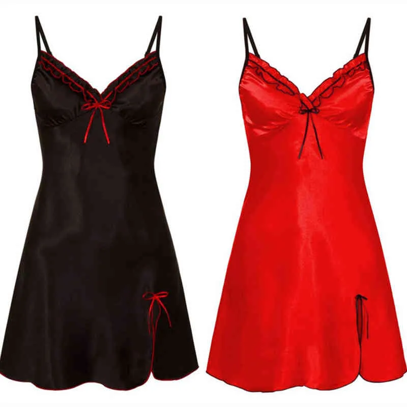 Kvinnors Röd Underkläder Sexig Gown Satin Wear SleamShirts Night Dress Se genom Sleepwear Plus Storlek