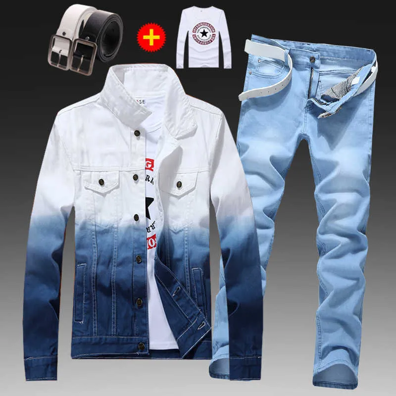 Fashion Men's Mixed Color Denim Jacket Jeans Pants With Shirt&Belt 4 Pieces Set Casual Style For Male N81 X0909