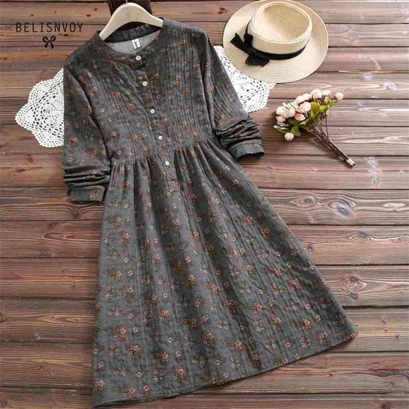 Prairie estilo chique vestido moda primavera outono mulheres vestidos carrinho colar floral impresso casual mangas longas vintage 210520